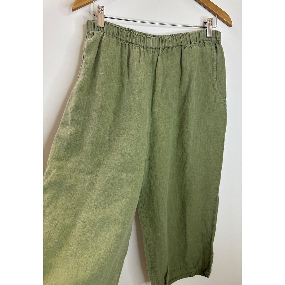 Flax 100% Linen Crop Pants Wide Leg Elastic Waist Faded Green Medium Lagonlook - Picture 4 of 15